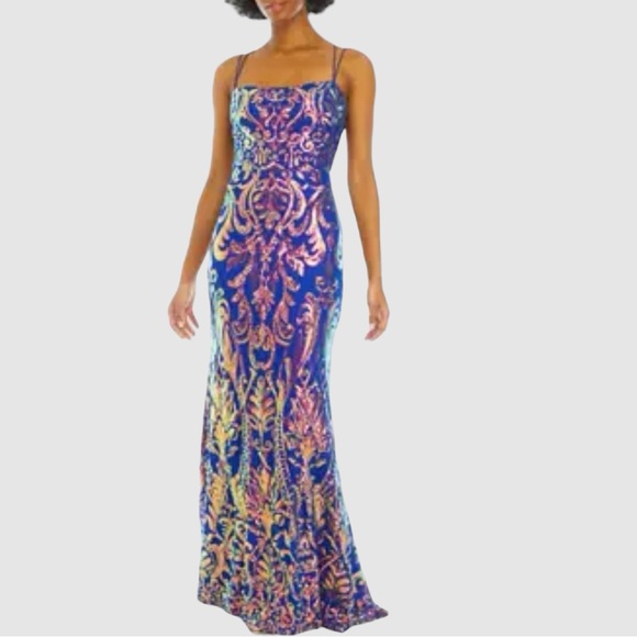 B. Darlin Square Neck Strappy Back Long Gown Iridescent Sequins NWT - Picture 3 of 17
